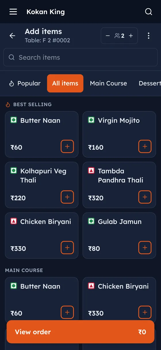 Captain app adding items to an order