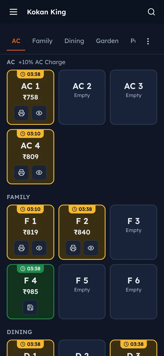 RasoiFlow captain app on an Android phone showing tables