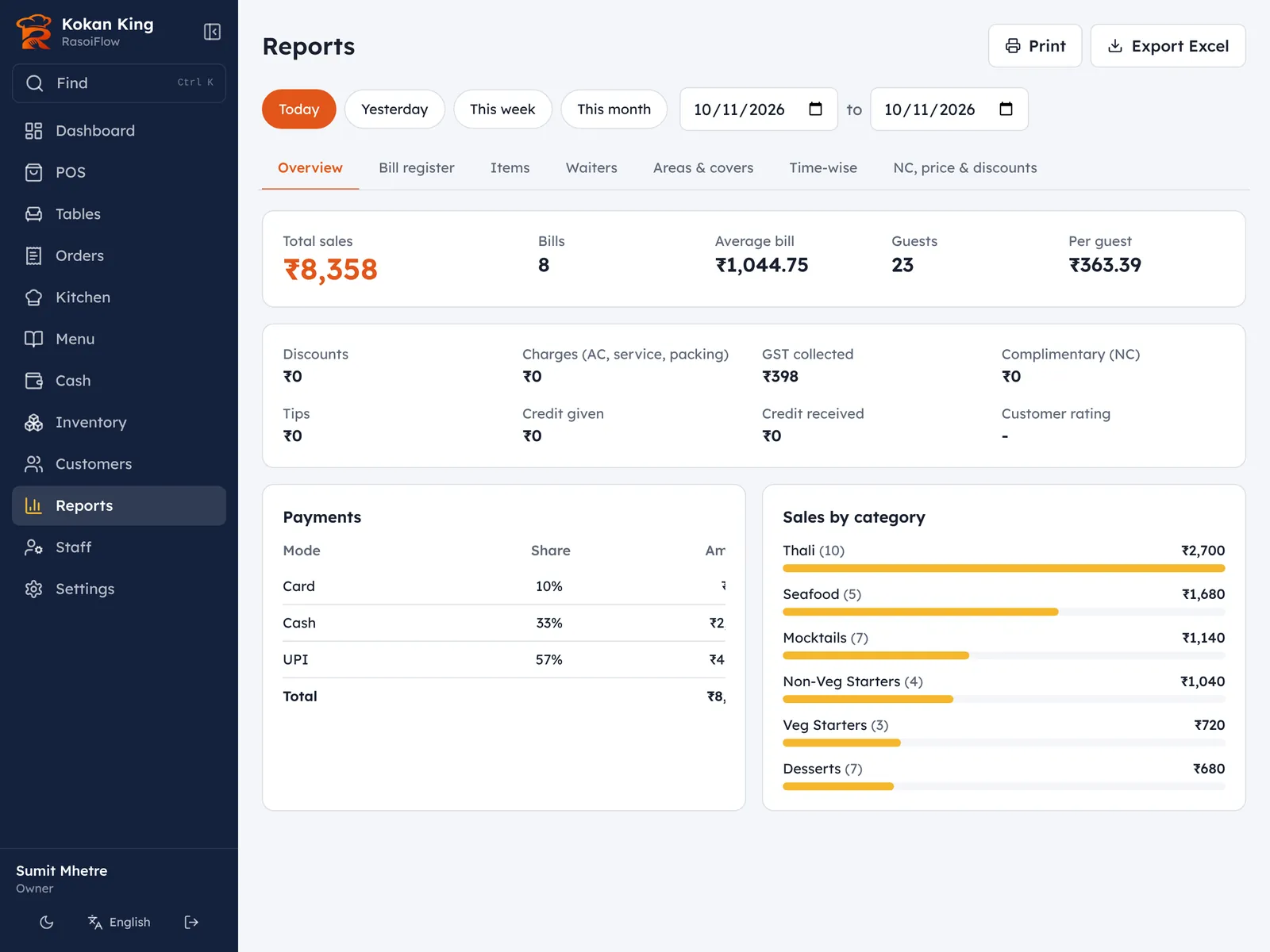 Reports screen with sales, payments and categories